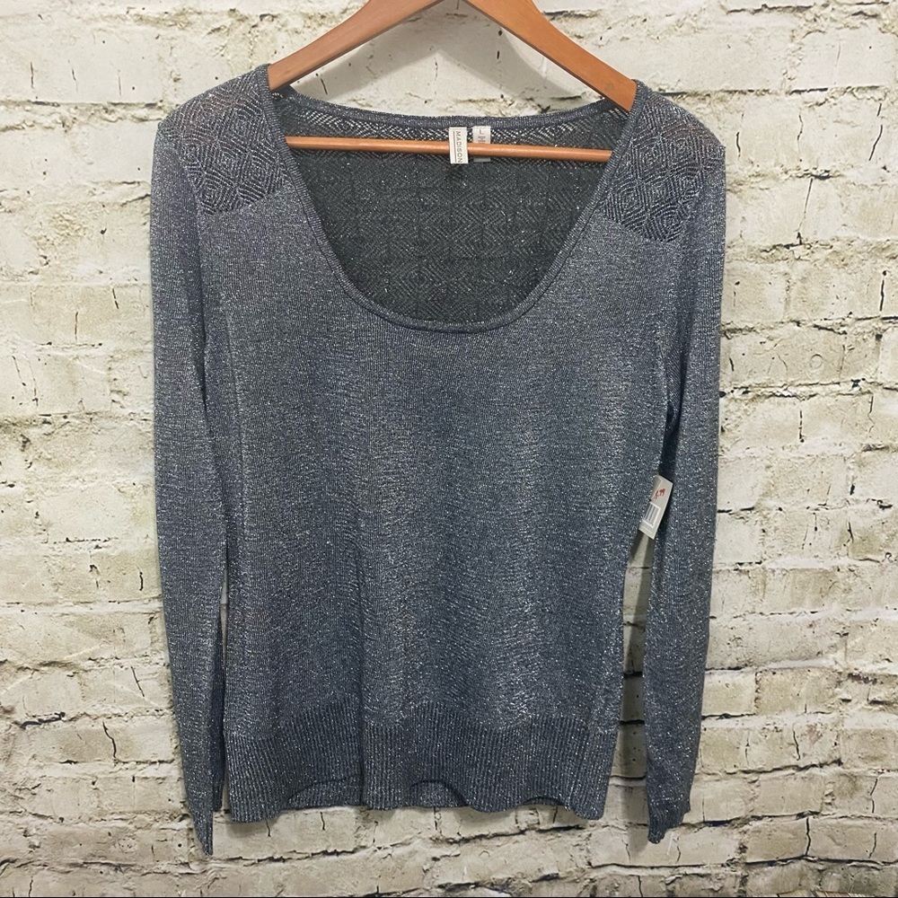 NWT Madison Silver Metallic Scoop Neck Lace Long Sleeve Top